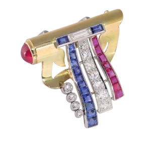 1950s Patriotic Brooch with Diamonds, Rubies, and Sapphires  Symbol of Liberty and Unity